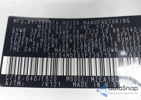 2025 Toyota Corolla Le from USA, damaged, VIN 5YFB4MDEXSP239719